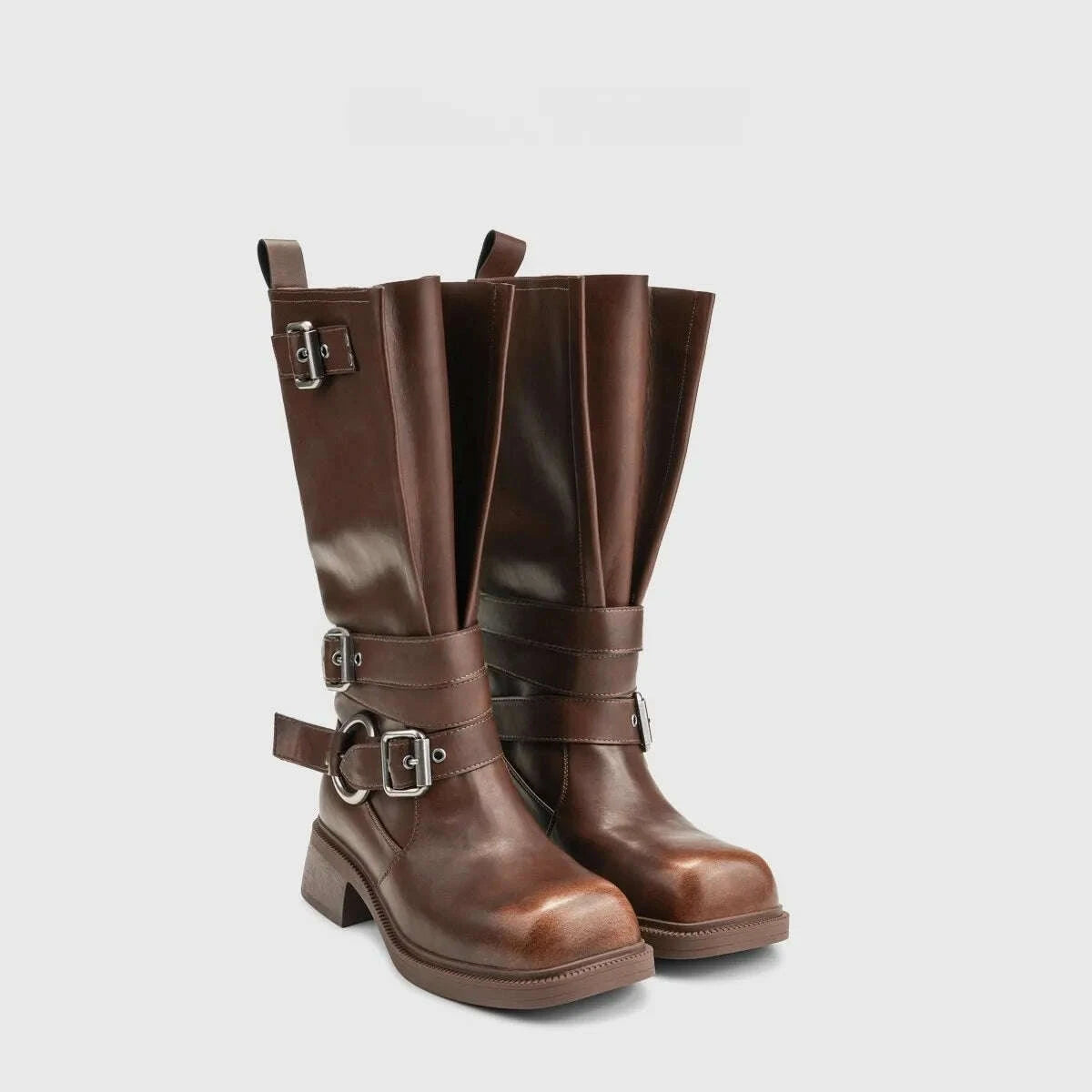 KIMLUD, Women's Boots Half High Square Toe Footwear Brown Biker Shoes For Woman Mid Calf Middle Heel Comfortable And Low Price Pu Goth, KIMLUD Womens Clothes