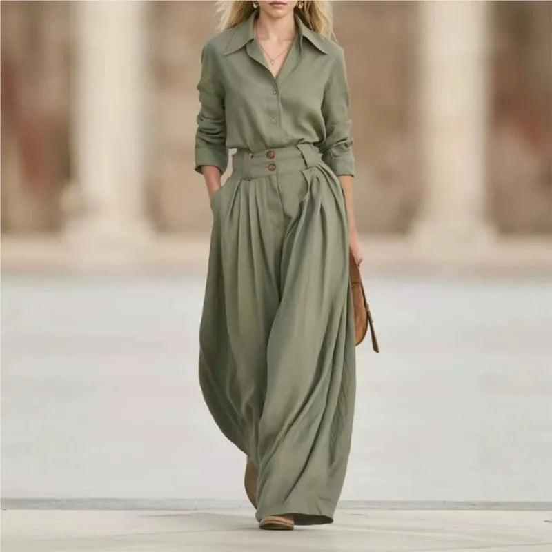 Two Piece Set – Lapel Shirt and Pleated Wide Leg Pants – Loose | KIMLUD