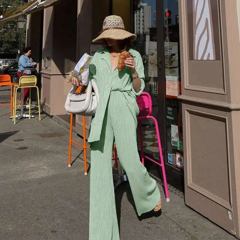KIMLUD, 2023 Spring Summer Best Seller Solid Color Draped Loose Fit Smooth Pleated Women's Casual 2-Piece Set Stock Available, KIMLUD Womens Clothes