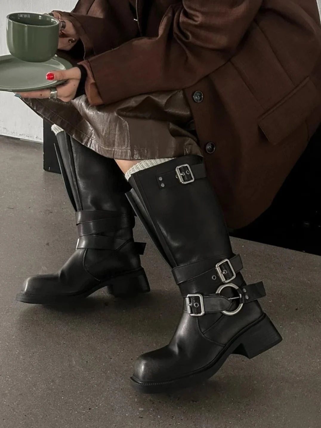 Women's Boots Half High Square Toe Footwear Brown Biker Shoes For Woman Mid Calf Middle Heel Comfortable And Low Price Pu Goth