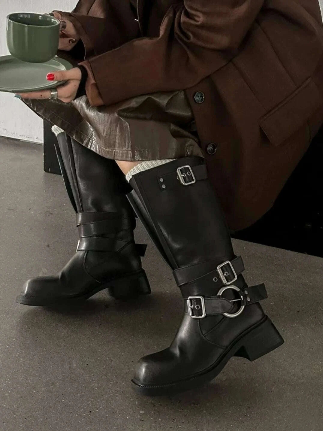 KIMLUD, Women's Boots Half High Square Toe Footwear Brown Biker Shoes For Woman Mid Calf Middle Heel Comfortable And Low Price Pu Goth, KIMLUD Womens Clothes