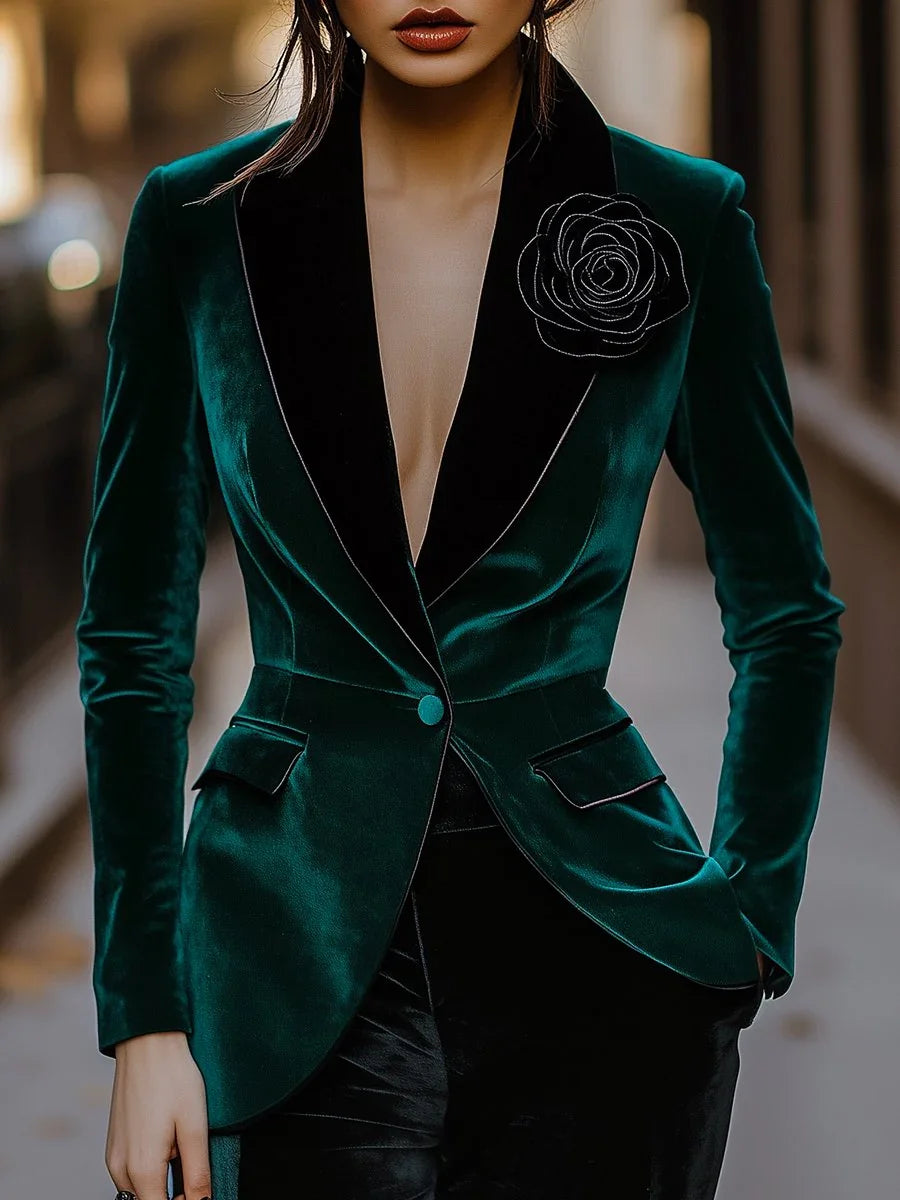 Blazer – 3D Rose Flower Appliques – Velvet – Green | KIMLUD