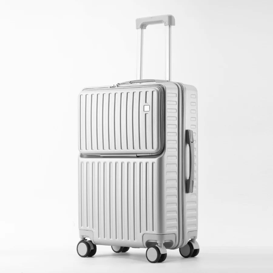 Independent Front Open Luggage Multi-functional Suitcase ABS+PC Cup Holder And Hidden Phone Stand Smooth Universal Wheel 20" 24"