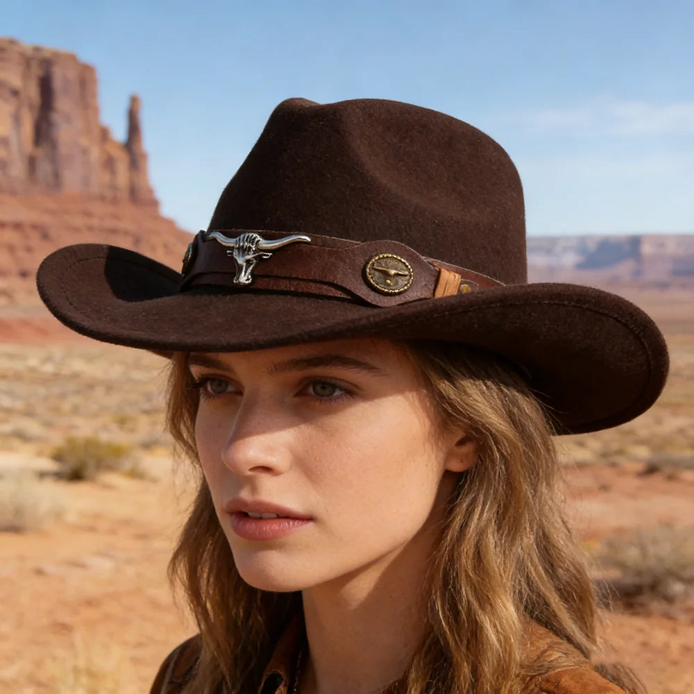 Classic Cattleman Cowboy Hat Retro Bull Head Studded Leather Band Felt Hat Unisex Western Party Cosplay Hat Wide Brim Fedora