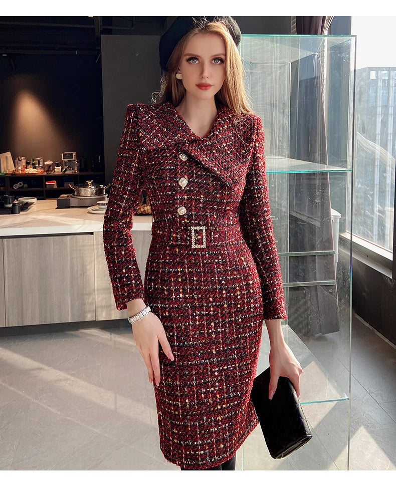 Tweed Dress Asymmetric Large Lapel Slimming — Black | KIMLUD