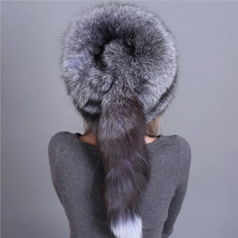 Fur hat for ladies thickened warm ear-protecting with tail snow and wind trendy