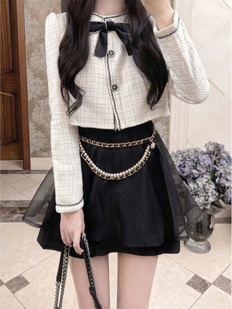Temperament Two Piece Stes Women 2025 Ropa Mujer Bow Lang Sleeve Jackets Mini Pleated Skirt Outfits Fashion Sweet Y2k Clothes