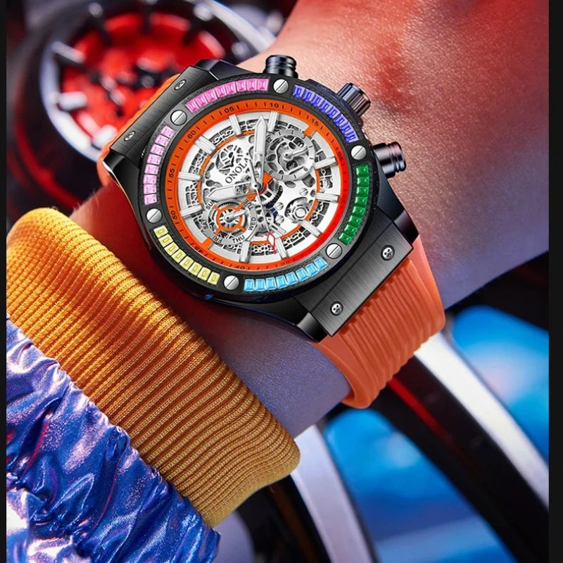 ONOLA 6855 Luxury Men Automatic Mechanical Watch High End Leisure Color Diamond Night Light Week Sports Watches for Man