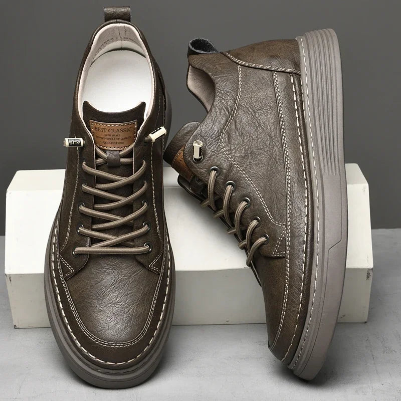 High Top Hiking Shoes – Height Increasing – Leather – Beige | KIMLUD