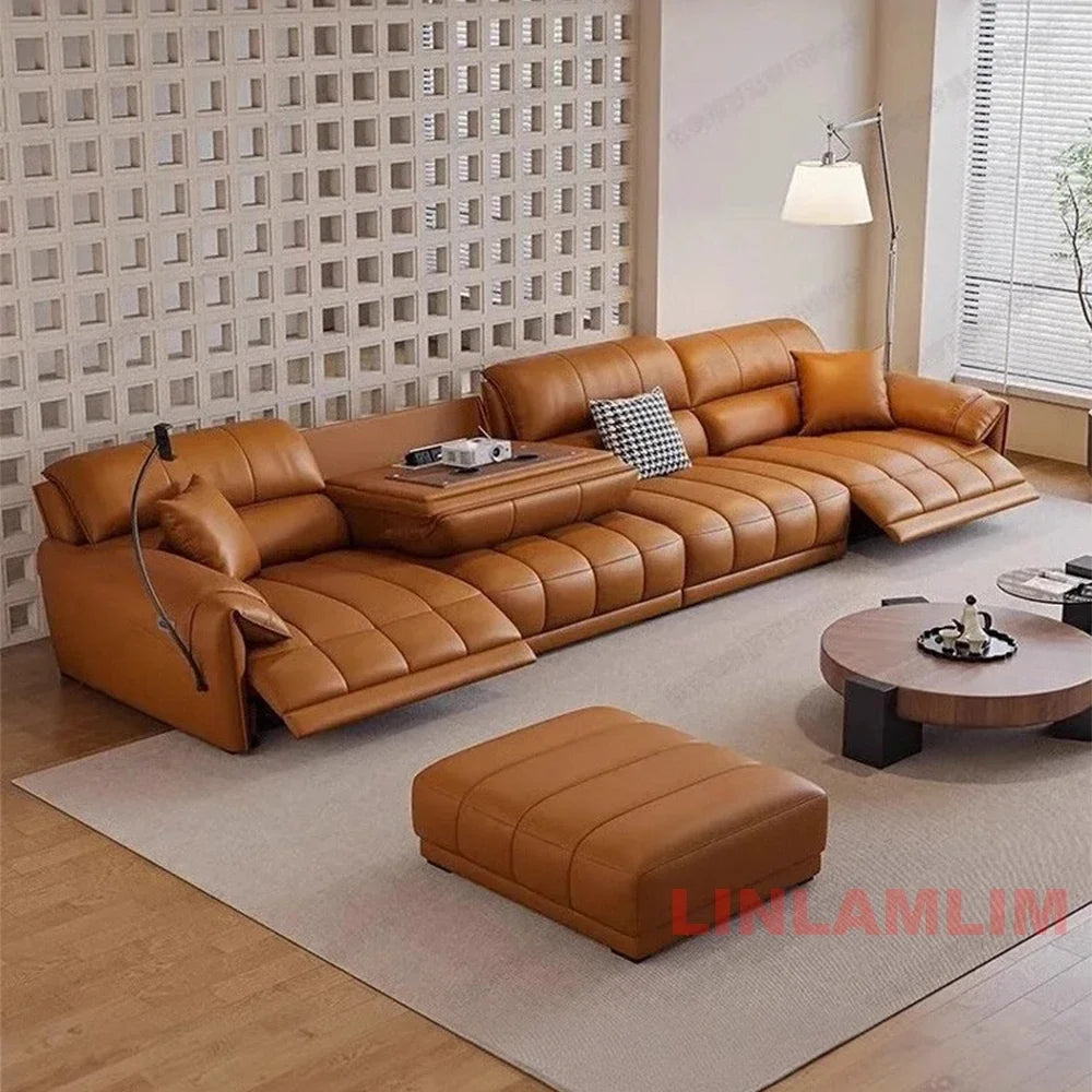 Italian Genuine Leather Electric Reclining Sofa With Adjustable Footrest USB And Foldable Center Console — Caramel Tan | KIMLUD