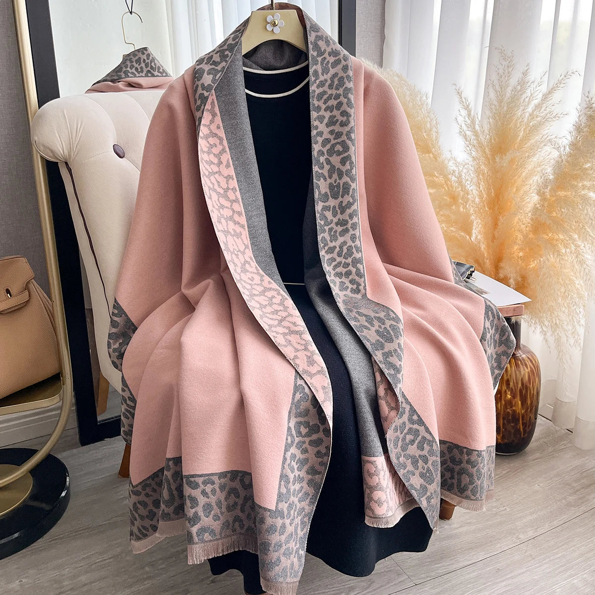 Cashmere Scarf Plaid Leopard Print Edge With Soft Knit For Winter Wrap — Blush Pink | KIMLUD