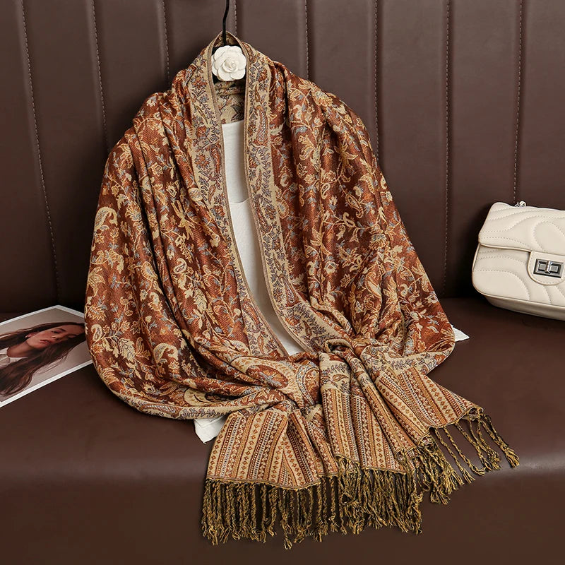 Cashmere Pashmina Shawl With Autumn Print Design, Olive Accents And Gold-Toned Fringe — Red | KIMLUD