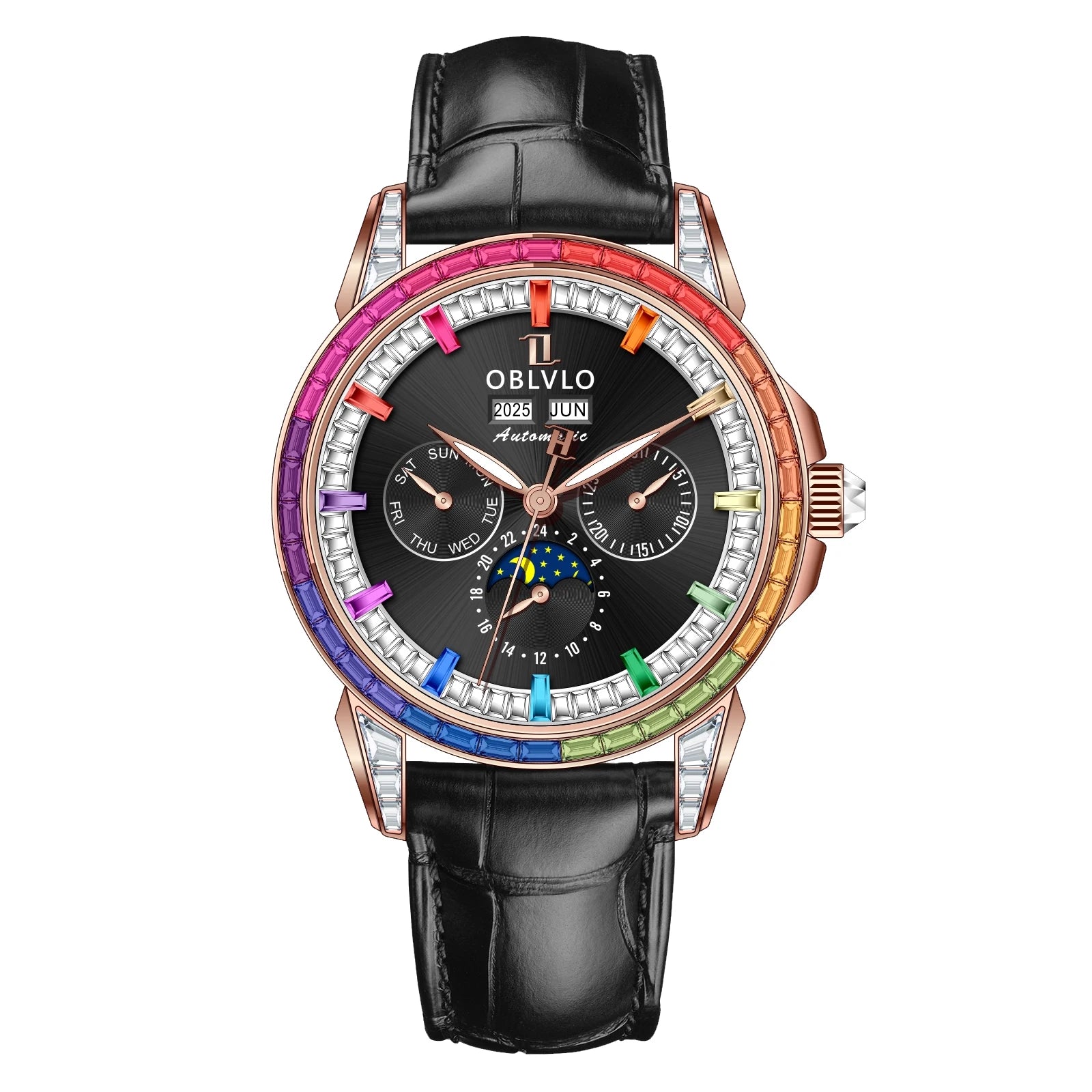 Moonphase Diamond Bezel Automatic Watch With White Dial Leather Strap — Rose Gold | KIMLUD