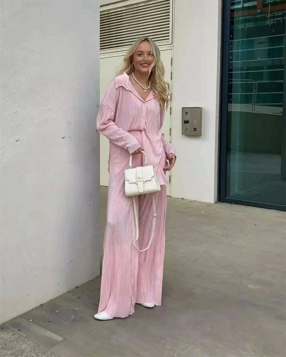 KIMLUD, 2023 Spring Summer Best Seller Solid Color Draped Loose Fit Smooth Pleated Women's Casual 2-Piece Set Stock Available, KIMLUD Womens Clothes