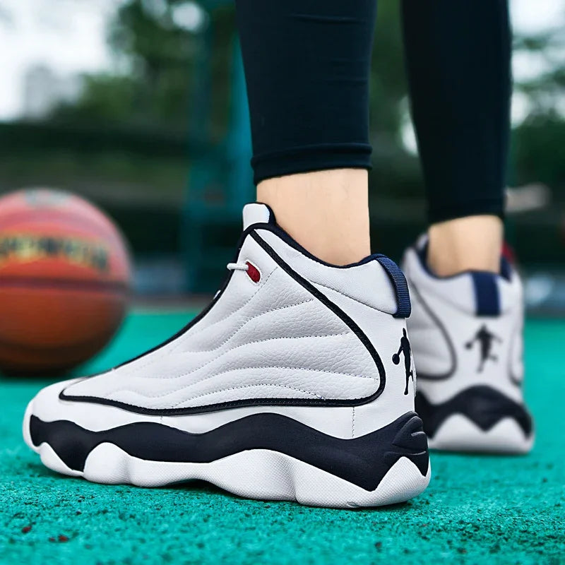 Luxury Leather Basketball Shoes Anti Slip Outdoor Trainers — Black | KIMLUD