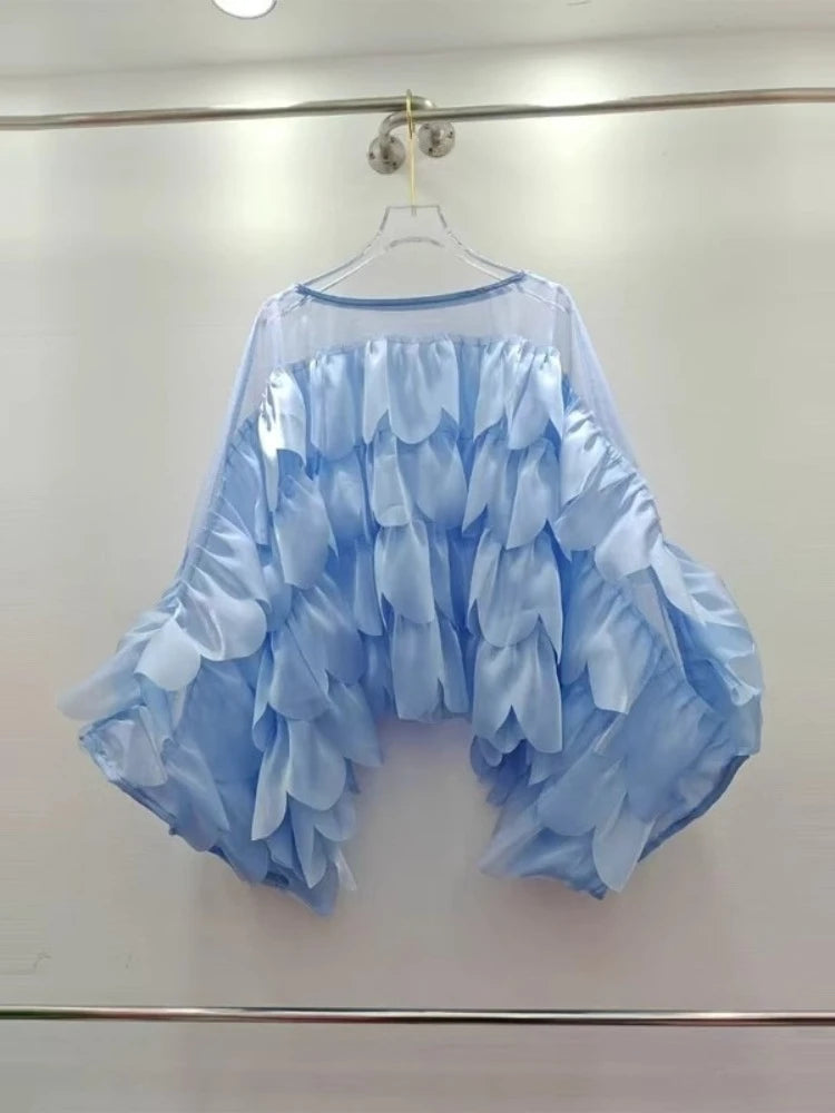 Women Blouse Light Luxury Summer Shirt For Lady Round Neck Full Sleeves Spliced Flounced Edge Mesh Irregular Hem Loose Tops Tide