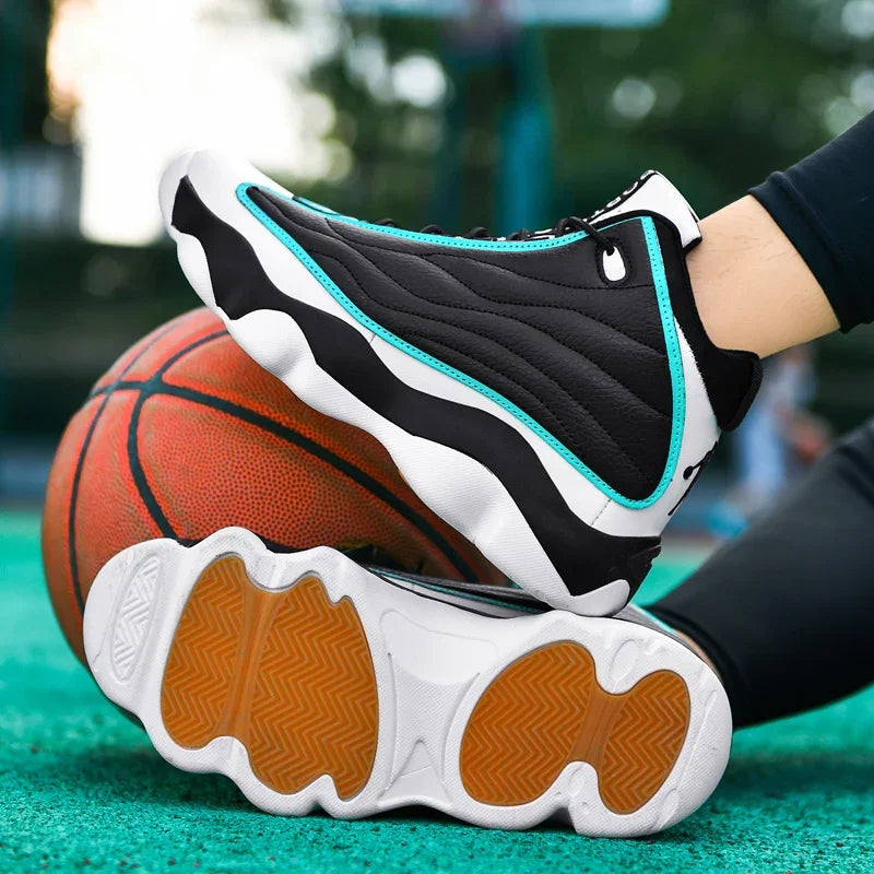 Luxury Leather Basketball Shoes Anti Slip Outdoor Trainers — Black | KIMLUD