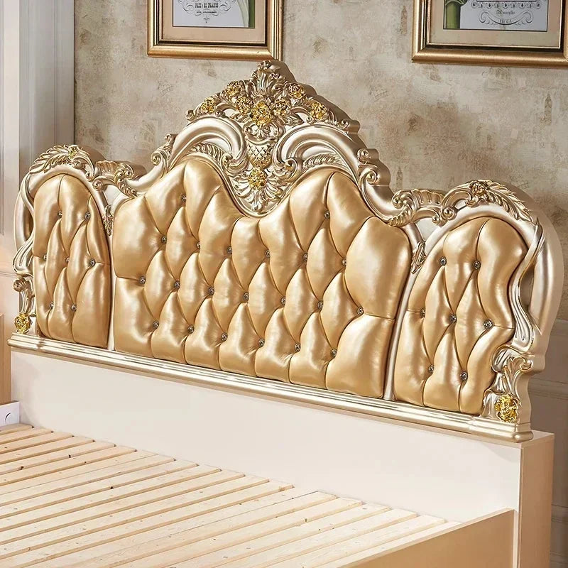 Luxury Gold Double Bed King Size Solid Wood Bedroom Set for Adults, Modern Princess Design Comfort Mattress