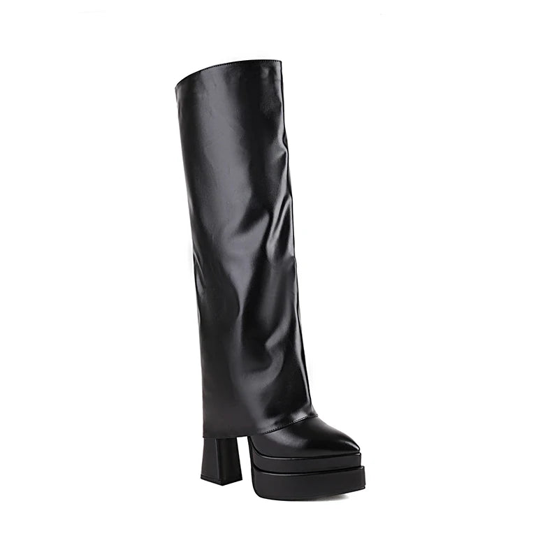 2024 Pointed Toe Three-Layer Waterproof Platform Ultra-High Profiled Thick Heel Fashion Catwalk Women's Boots Zipper Pants Shoes