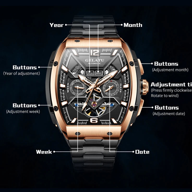 Reloj Hombre Watches Mens GELATU Top Brand Luxury Rose Black Skeleton Tourbillon Automatic Mechanical Watch for Men Waterproof