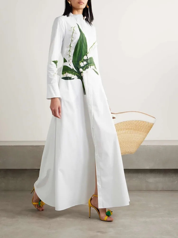 Women's Elegant Floral Printed Formal Office Shirts Dress Long Sleeves Buttoned Stand Collar Party Evening A-line Maxi Dresses