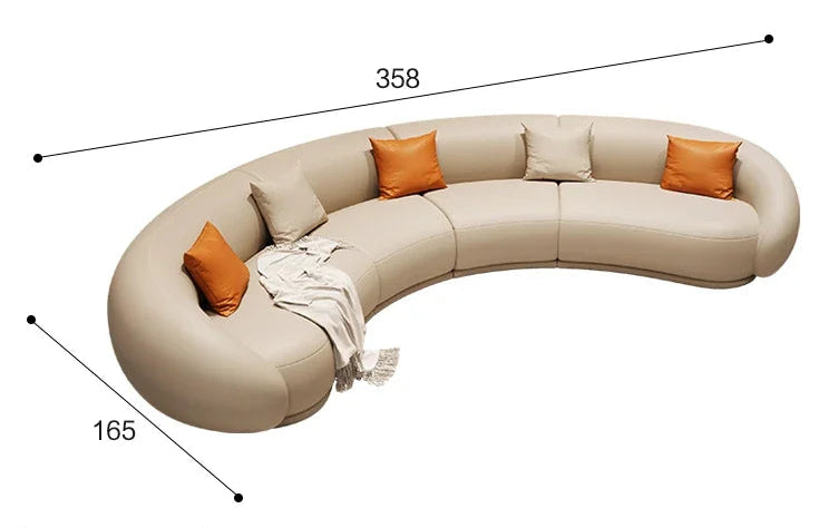 Beige curved sofa with orange cushions on a white background, featuring text about furniture top core businesses.