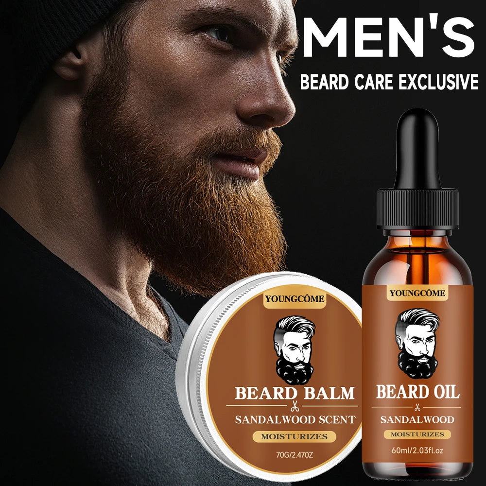 Sandalwood Beard Care Duo Growth Oil And Balm Set For Nourishing Grooming Ritual — Sandalwood Brown | KIMLUD