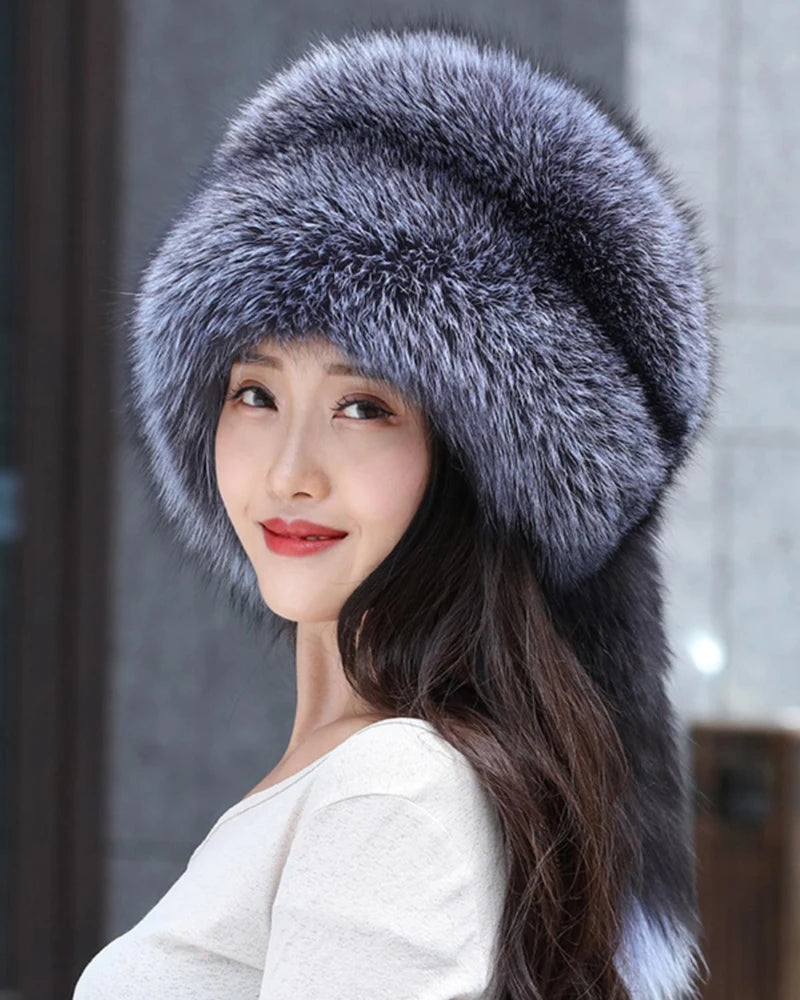 Winter Women Fashion Real Fur Hat Natural Fox Fur Hats Headgear Russian Outdoor Cap Ladies Thicken Warm Fur Caps