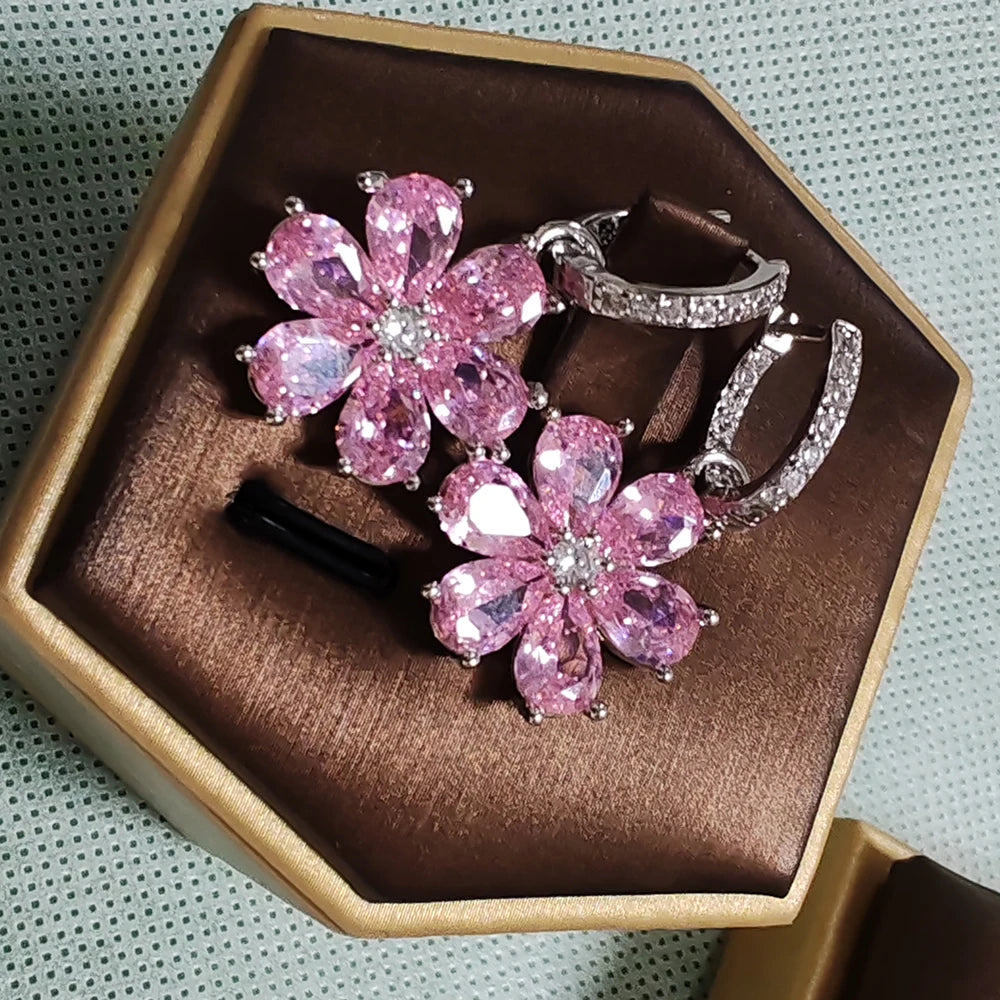 Sterling Silver Flower Zircon Drop Earrings — Pink | KIMLUD
