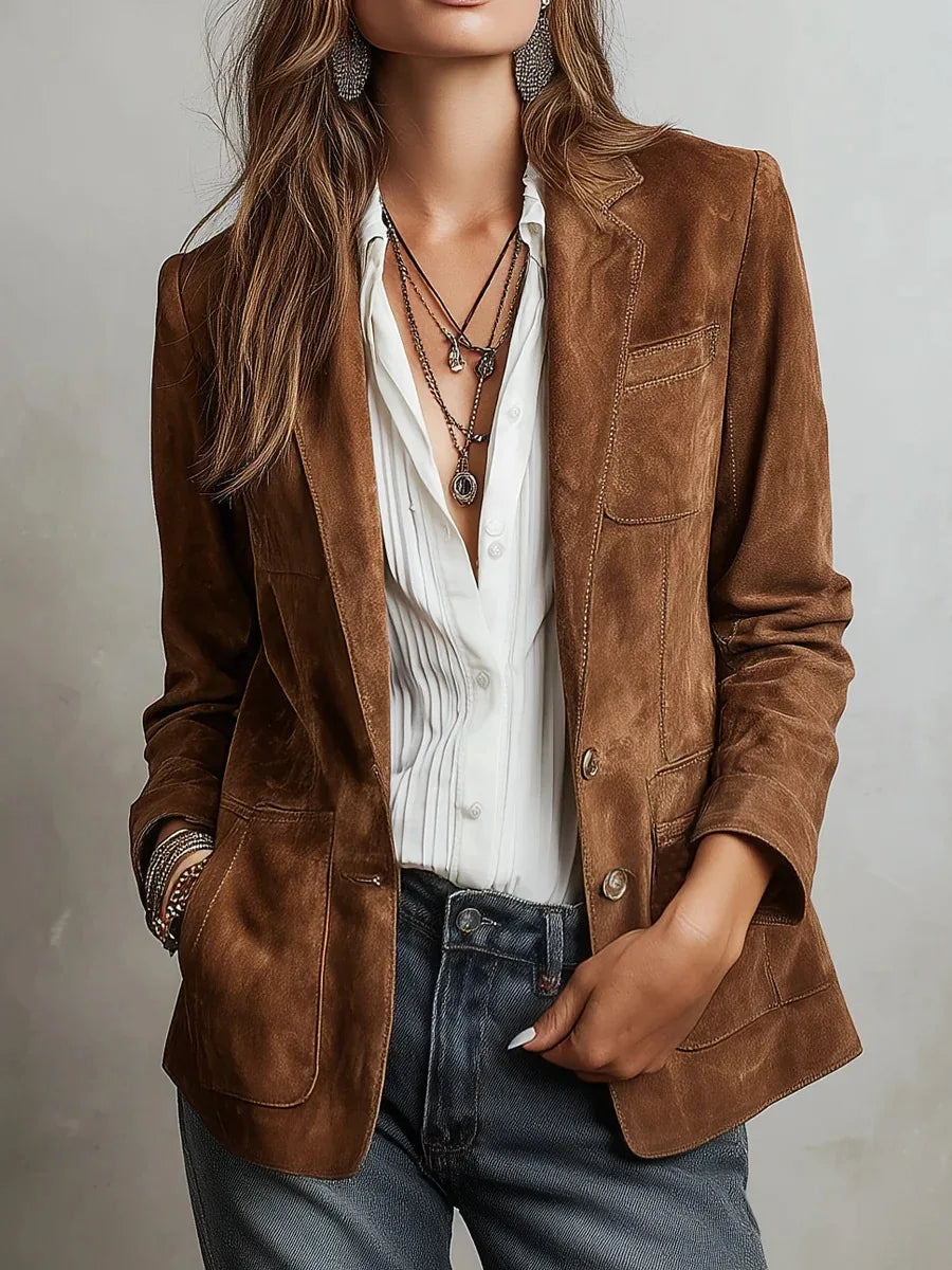 Fashion Women's Suede Jacket Notched Collar Single Breasted Full Sleeve Blazer Coat Multiple Pockets Spring Autumn Streetwear