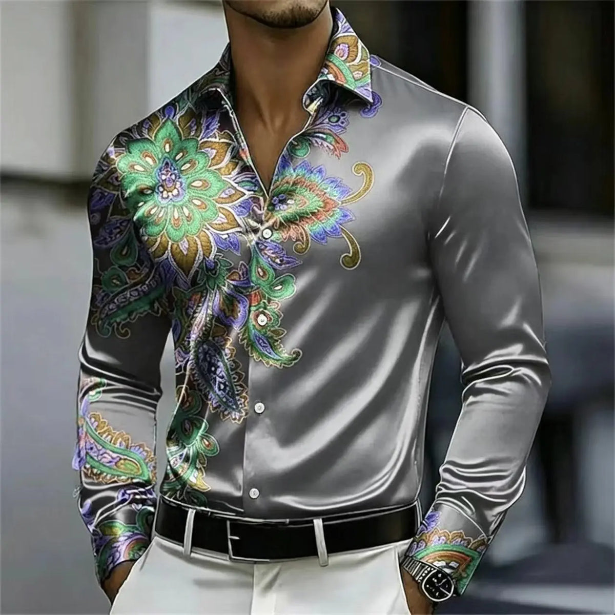 Men's Satin Paisley Print Shirt – Silk Polyester | KIMLUD