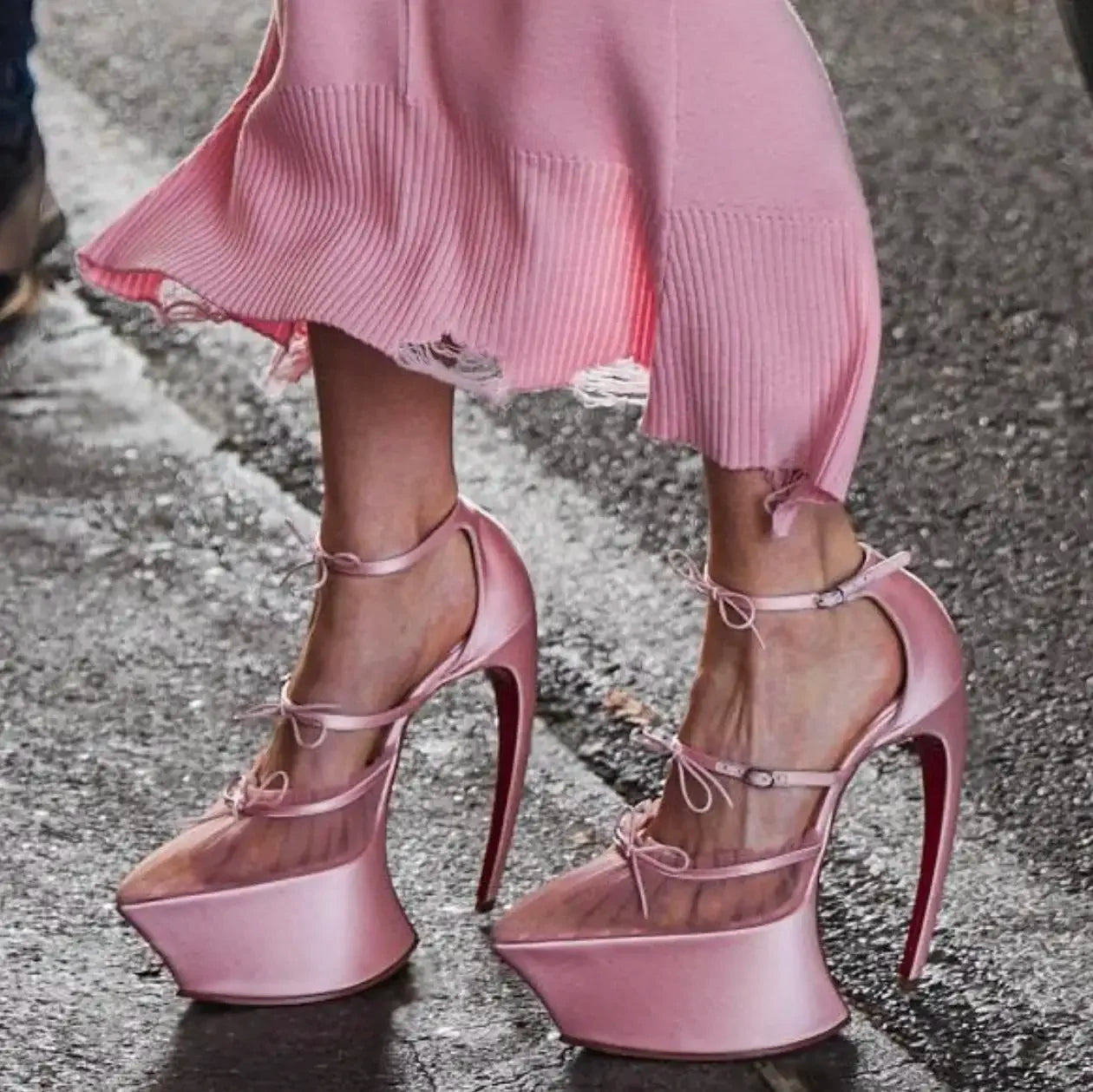 Satin Ribbon Pumps Pointed-Toe Platform — Pink | KIMLUD