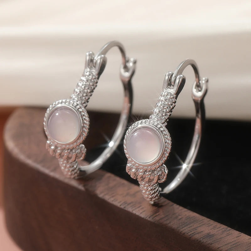 Bohemian Style Vintage Inlaid Synthetic Moonstone Hoop Earrings Women Elegant Silvery Plated Banquet Wedding Jewelry Accessories