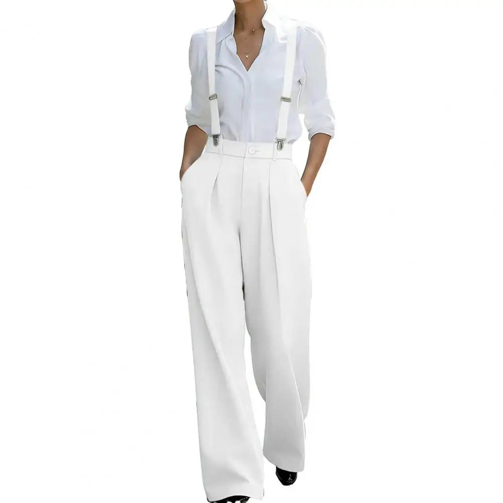 Wide Leg Suspender Trousers With Detachable Gray Straps — Black | KIMLUD