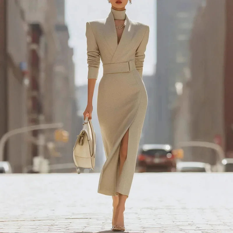 Polyester Midi Dress Belted V-Neck With Slit For Elegant Evening Styling — Warm Sand Beige | KIMLUD