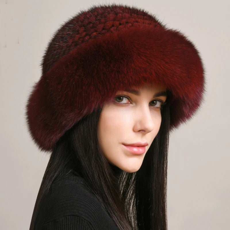 KIMLUD, New Genuine Real Natural Knitted Mink Fur Hat Cap Luxury Women Handmade Knit Fashion Winter Headwear Warm Real Fox Fur Beanies, KIMLUD Womens Clothes