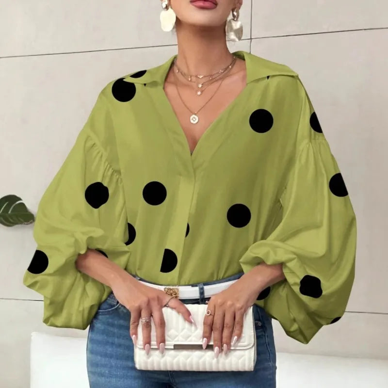Boho Puff Sleeve Polka Dot Blouse — White | KIMLUD