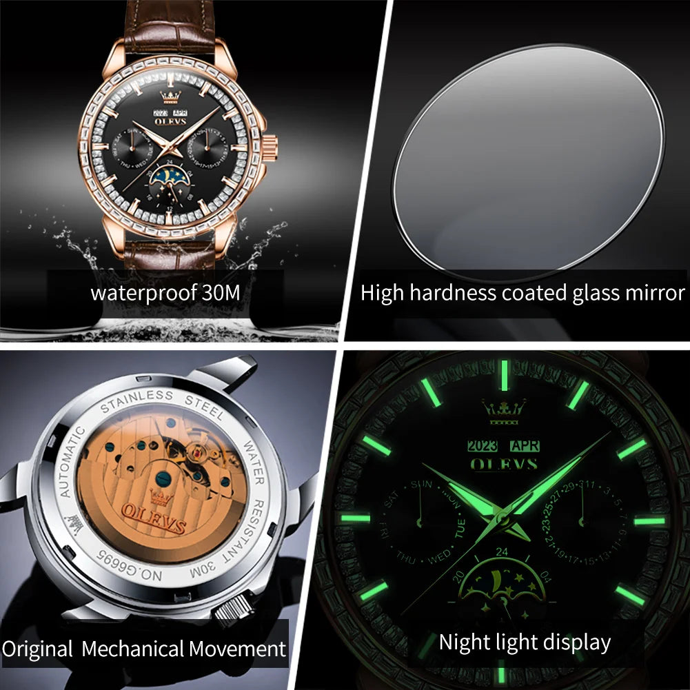 Moon Phase Mechanical Watch Leather Strap — Black | KIMLUD