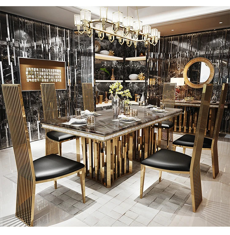 Marble Dining Table Set With Gold Frame — Black | KIMLUD
