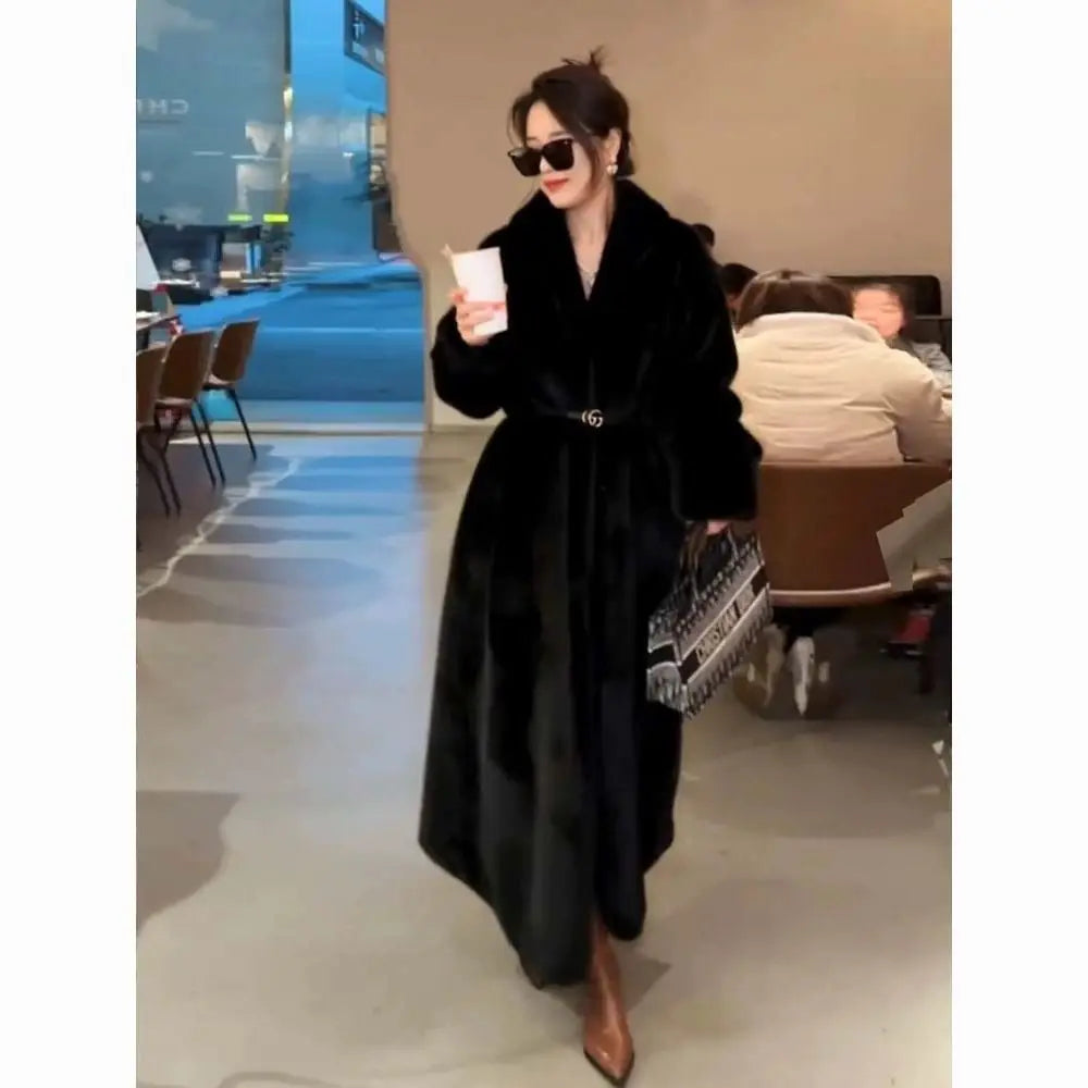Women Faux Fur Coats Knee Length Coat Turn Down Collar Thick Warm Elegant Maxi Y2k Streetwear Outerwear Jackets Winter Spring