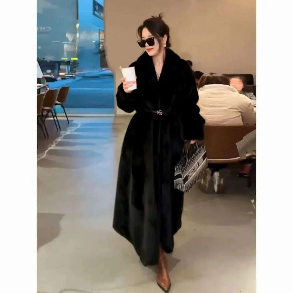 KIMLUD, Women Faux Fur Coats Knee Length Coat Turn Down Collar Thick Warm Elegant Maxi Y2k Streetwear Outerwear Jackets Winter Spring, KIMLUD Womens Clothes