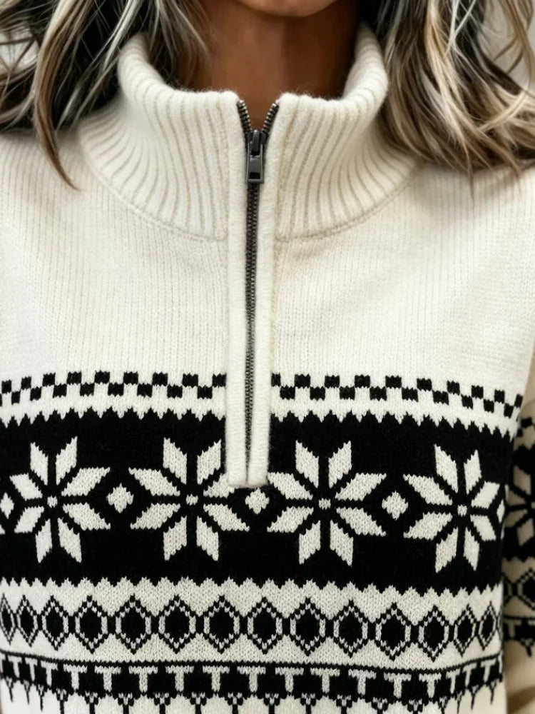 Sweater – Half Zip Mock Neck – Jacquard Knit – Cream White | KIMLUD