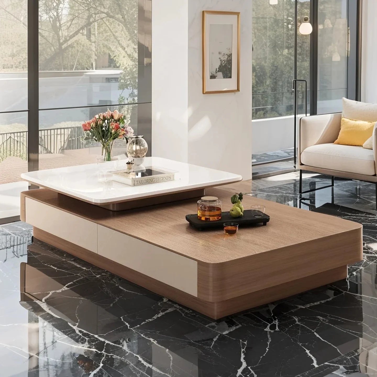 Modern Triangular End Tables With Dual-Tier Geometry And White Rock Slab Top On Warm Wood Base — White | KIMLUD