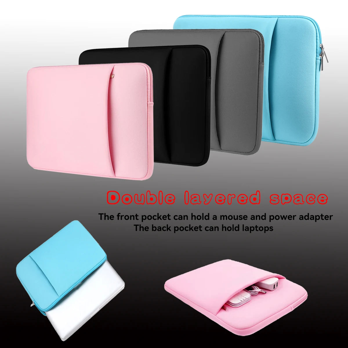 Cotton Laptop Inner Bag Liner Sleeve With Front Pocket For Power — Soft Pink | KIMLUD