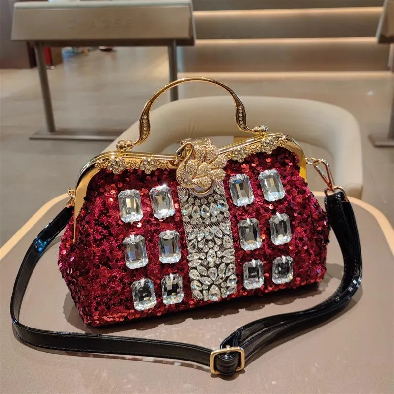 Leather Crystal Sequin Buckle Handbag — Black | KIMLUD