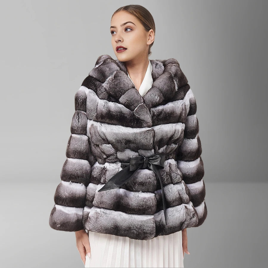 Natural Rex Rabbit Fur Jacket With Hood Women's Winter Jacket Real Rabbit Fur Coat With Belt Hot Selling Genuine Leather Jackets