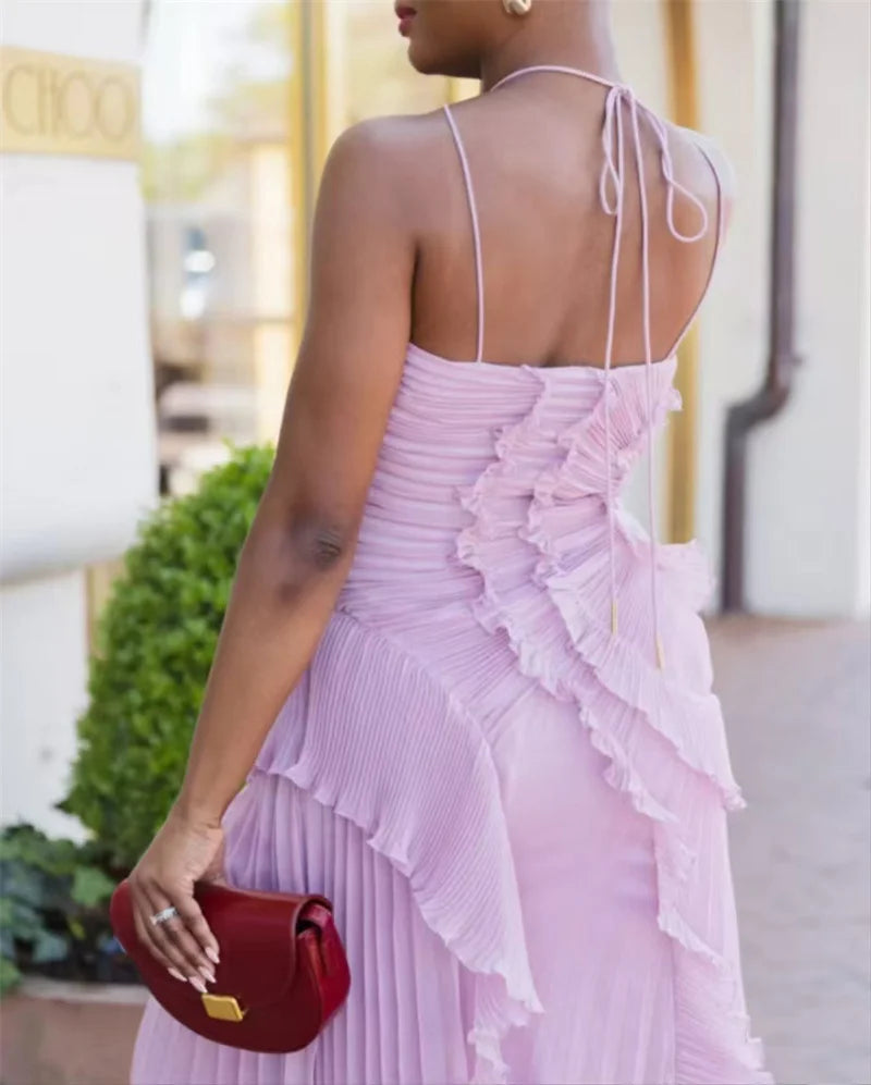 Mozision Elegant Off-shoulder Ruffle Sexy Maxi Dress Women Fashion Halter Sleeveless Backless Draped Pleated Club Party Dress