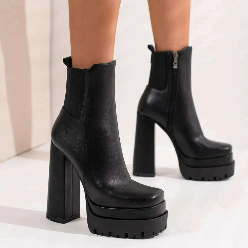 KIMLUD, Women's Ankle Boots Platform Trends Black Short Boot Winter Autumn Leather Gothic Punk Heels Party Shoes Lady Large Size 45, KIMLUD Womens Clothes