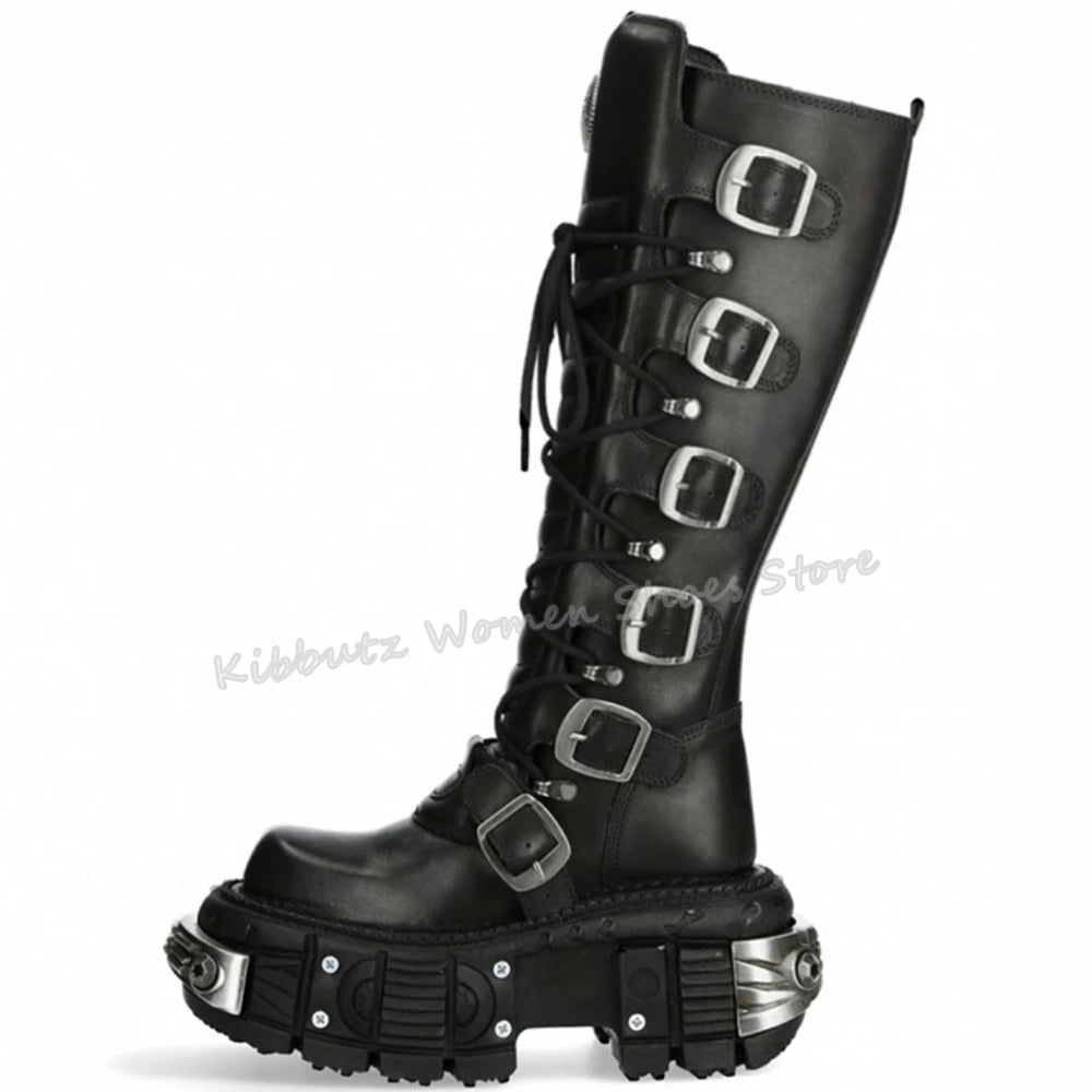 Rock Punk Motorcycle Boots Knee High Dark Style Round Toe Thick Bottom Genuine Leather Solid Color Fashion Sexy Women Shoes New