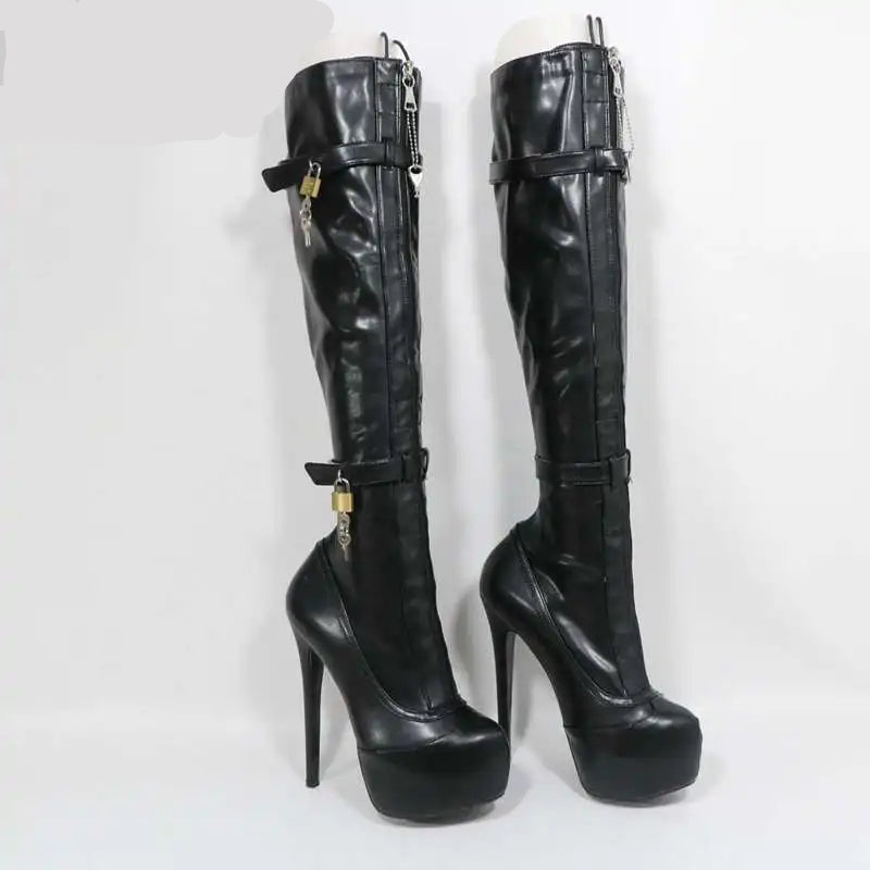 Sorbern Customized Narrow Ankle Knee High Boots Women With Locks Hidden Platform High Heels Stilettos Unisex Style Female Shoes